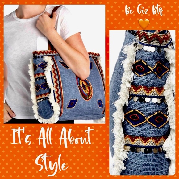 NWT Sam Edelman Denim Tote Bag With Vibrant Geometric Shape Trim - Picture 3 of 14